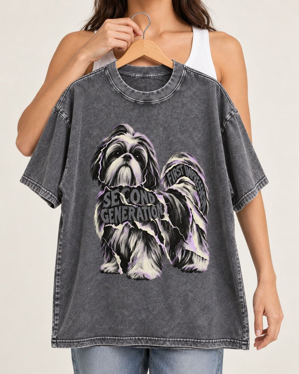Second Generation Shih Tzu Washed Tee in Gray, held up on a hanger