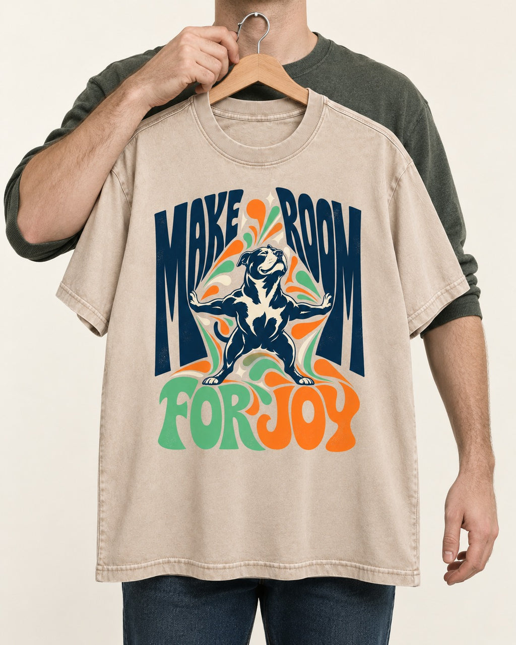 Pitbull Make Room for Joy Washed Tee in Apricot, held up on a hanger