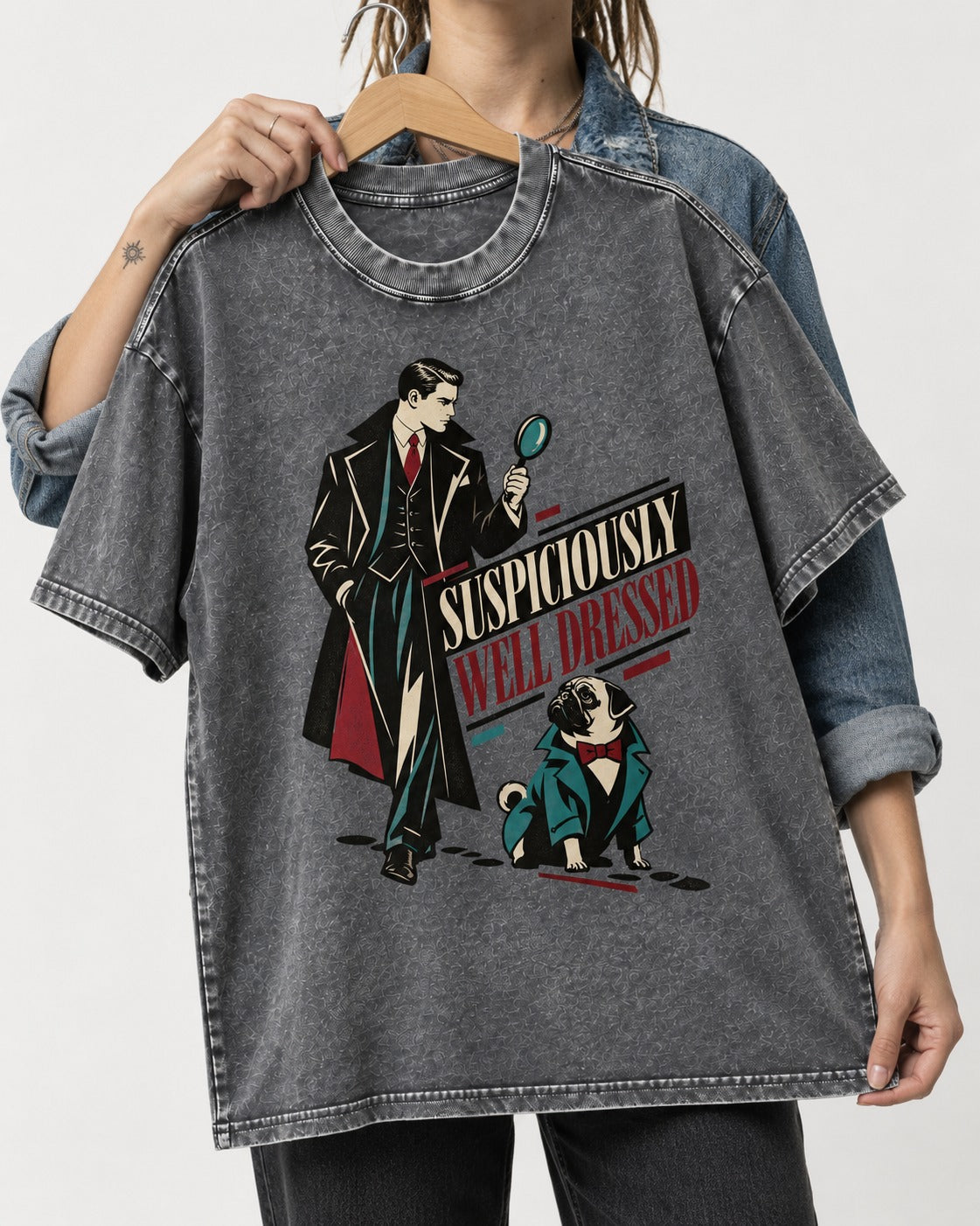 Suspiciously Well Dressed Pug Washed Tee in Gray, held up on a hanger