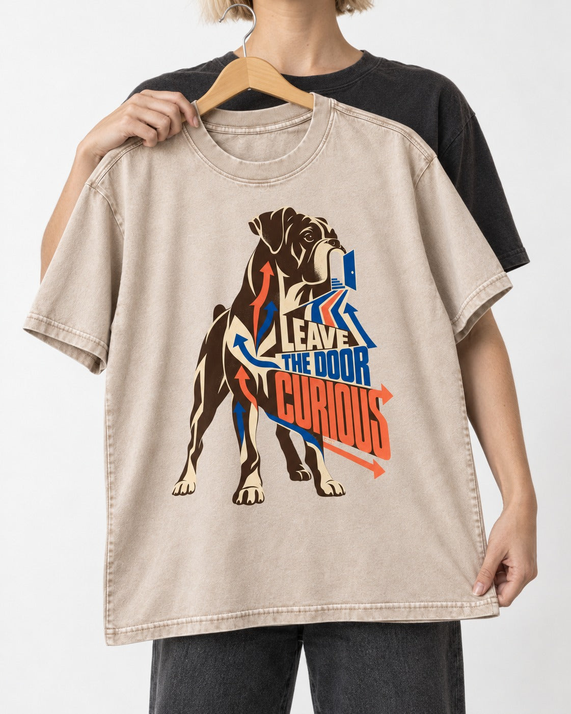 Leave the Door Curious Boxer Doorway Arrow Graphic Washed Tee in Apricot, held up on a hanger