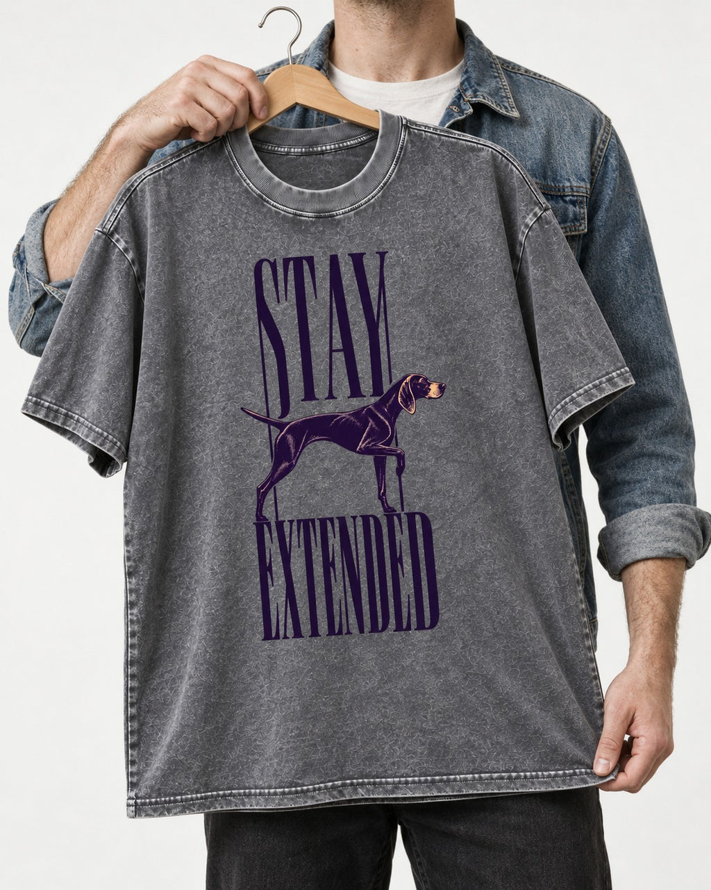 Stay Extended German Shorthaired Pointer Washed Tee in Gray, held up on a hanger