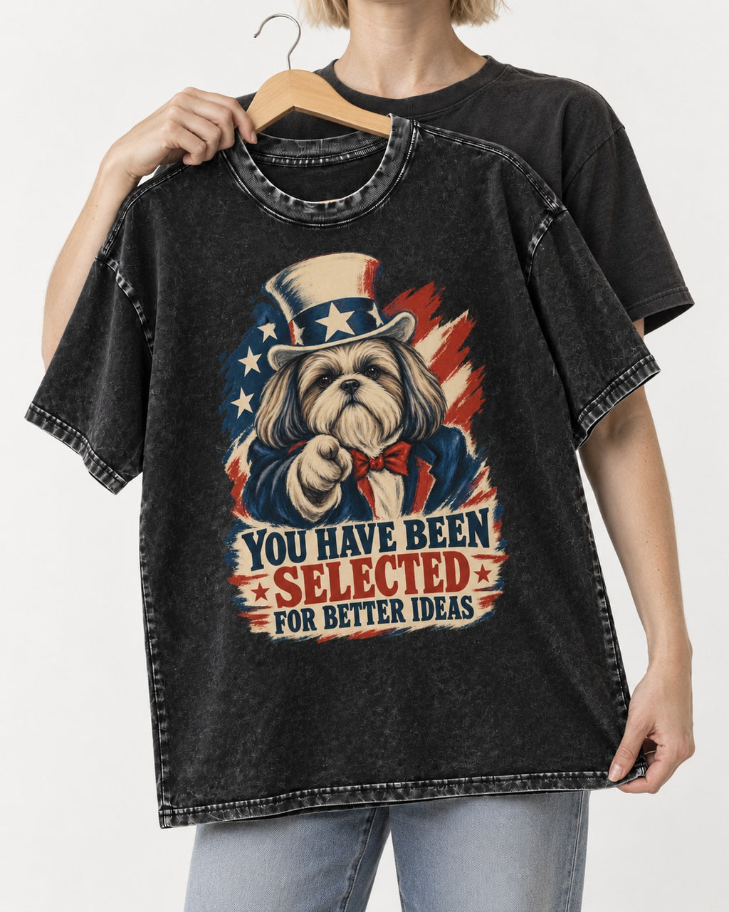 Shih Tzu You Have Been Selected Uncle Sam Graphic Washed Tee in Black, held up on a hanger
