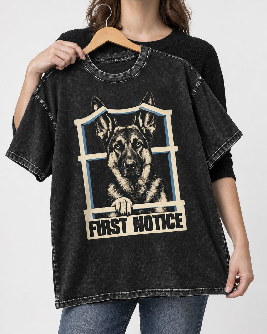 First Notice Window German Shepherd Dog Graphic Washed Tee in Black, held up on a hanger