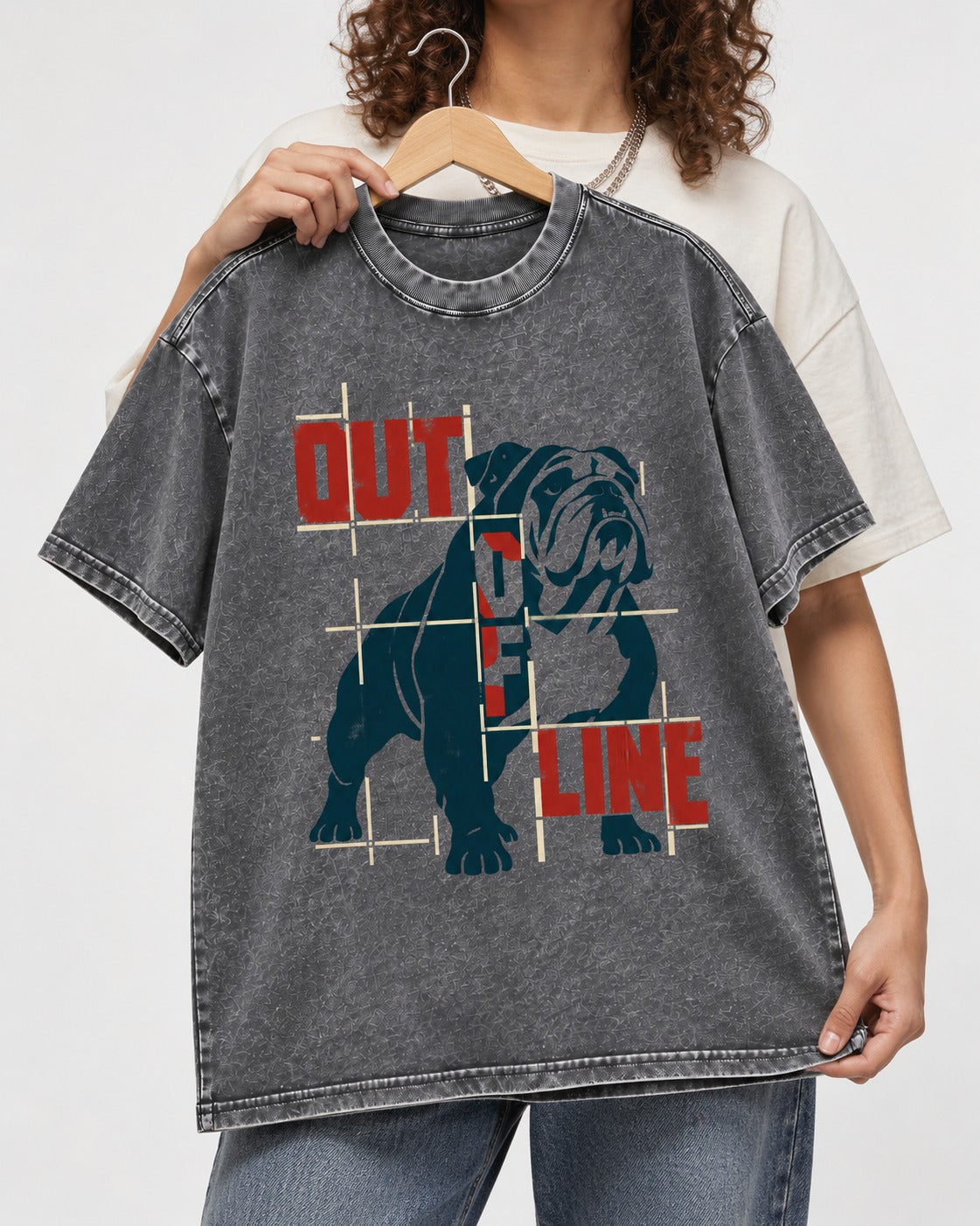 English Bulldog Out of Line Washed Tee in Gray, held up on a hanger