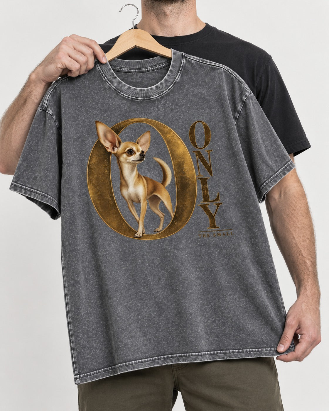 Chihuahua Only the Small Washed Tee in Gray, held up on a hanger
