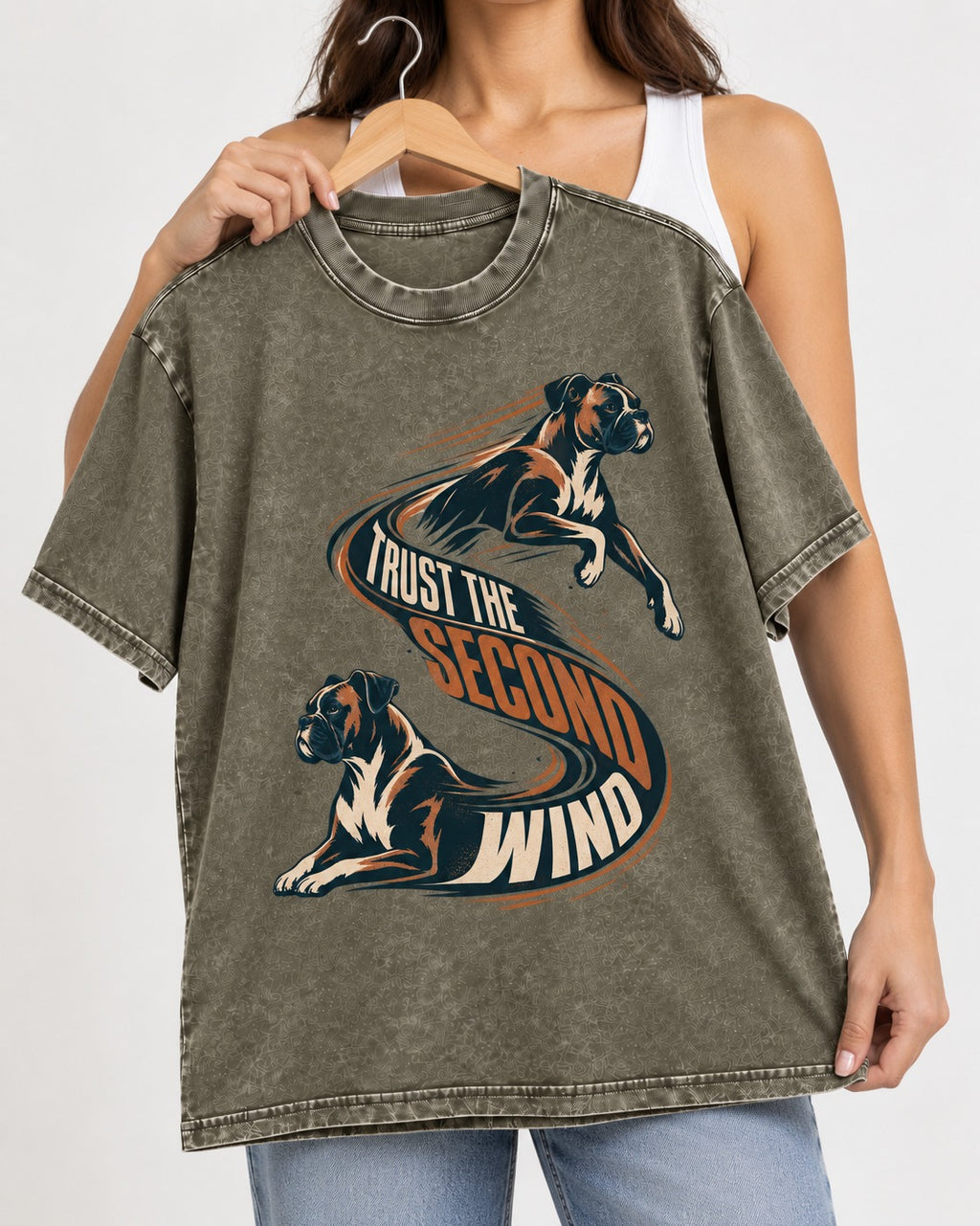 Trust the Second Wind Boxer Motion Graphic Washed Tee in Army Green, held up on a hanger