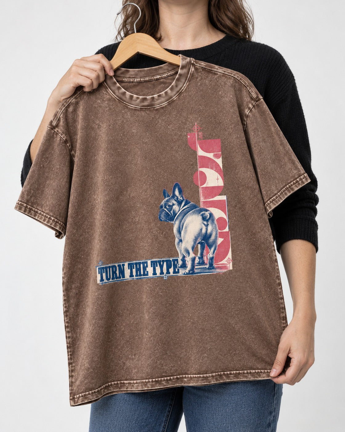 Frenchie Turn the Type Washed Tee in Coffee, held up on a hanger