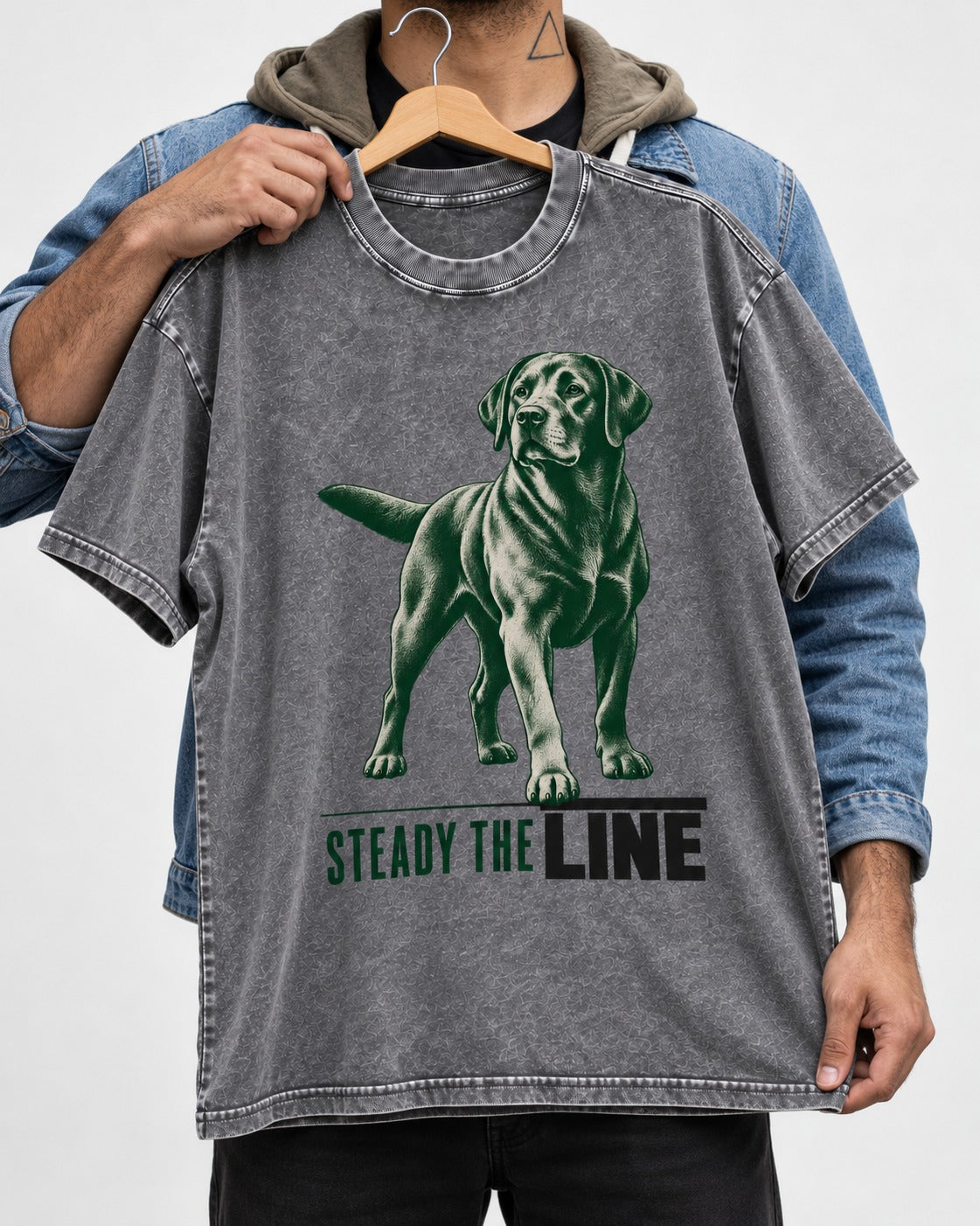 Steady the Line Labrador Retriever Washed Tee in Gray, held up on a hanger