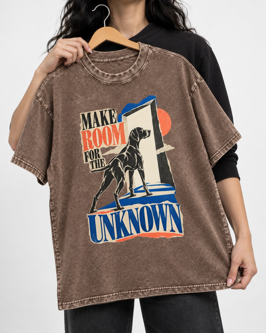 German Shorthaired Pointer Room for the Unknown Washed Tee in Coffee, held up on a hanger
