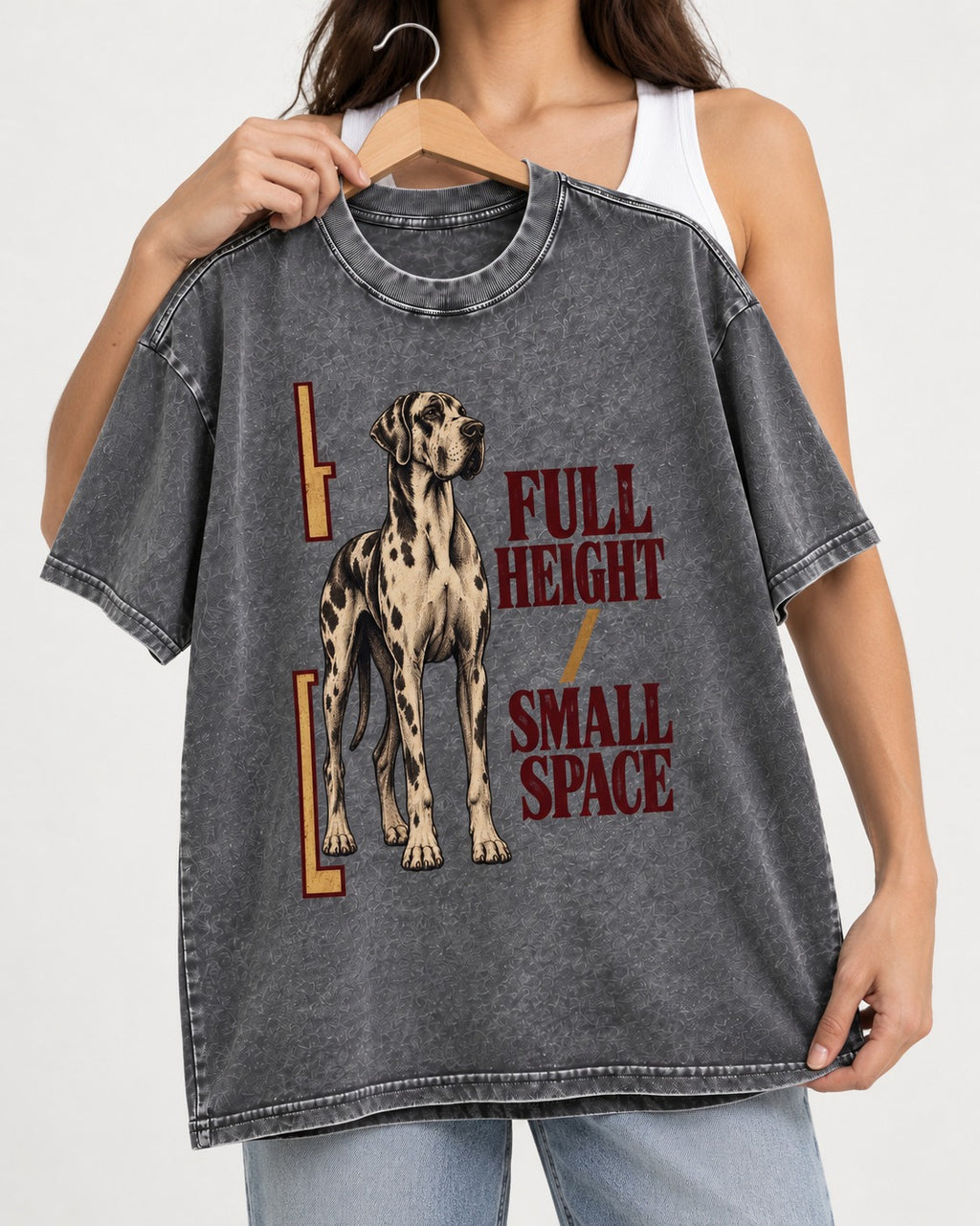 Great Dane Full Height Small Space Washed Tee in Gray, held up on a hanger