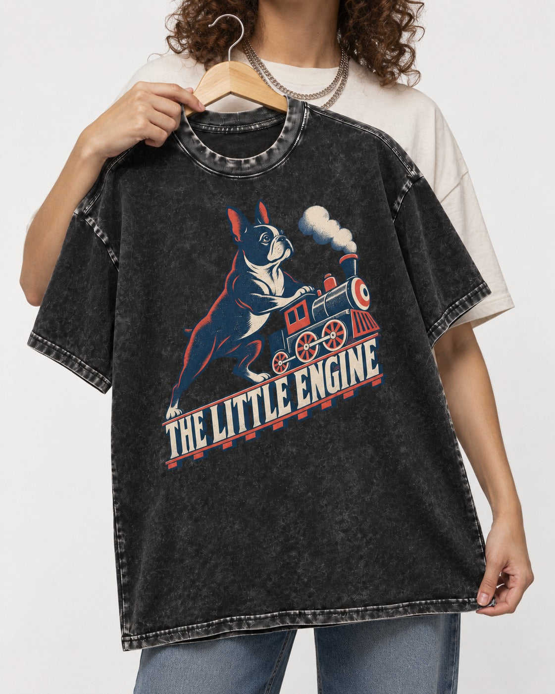Boston Terrier The Little Engine Washed Tee in Black, held up on a hanger