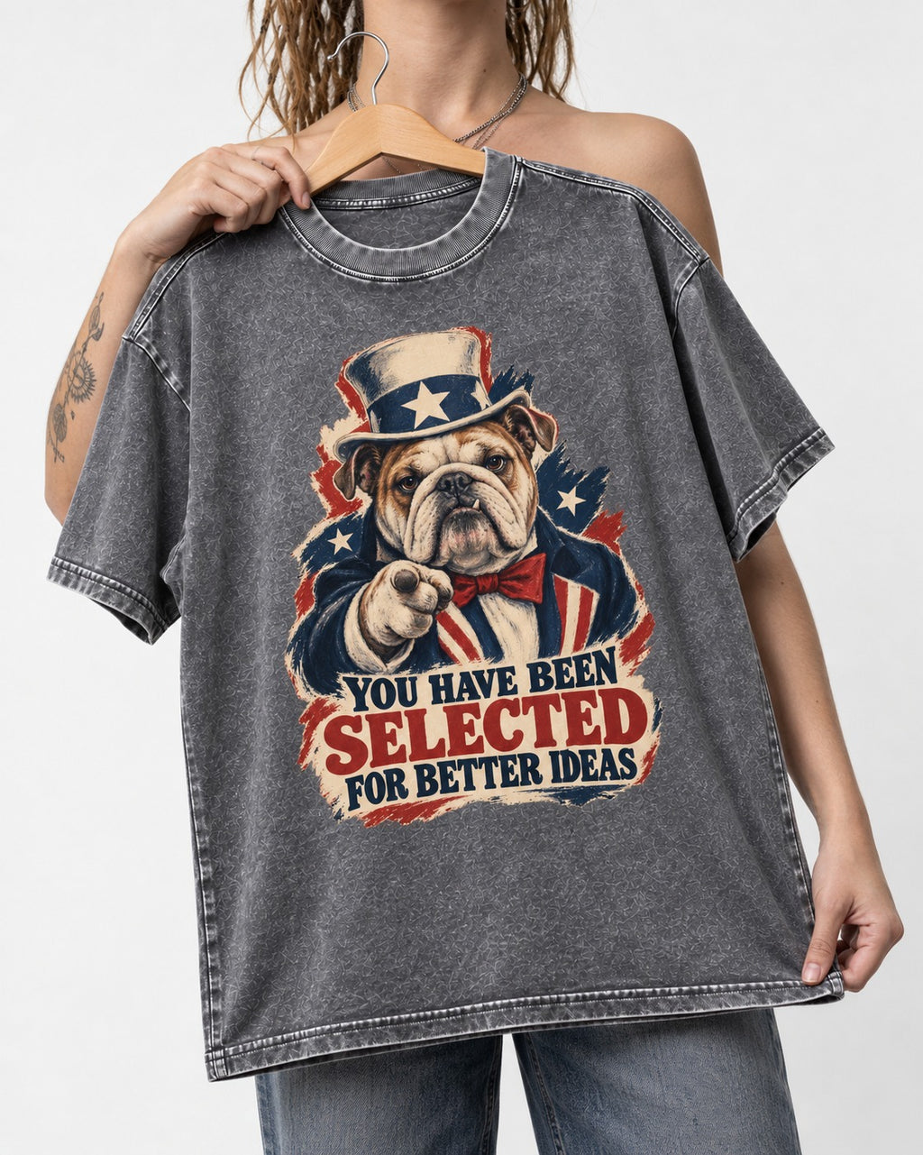 English Bulldog Selected for Better Ideas Washed Tee in Gray, held up on a hanger