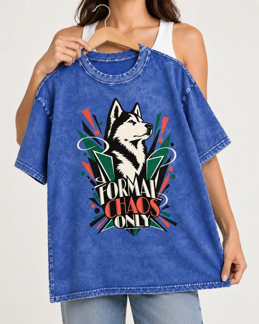 Husky Formal Chaos Only Art Deco Portrait Graphic Washed Tee in Royal Blue, held up on a hanger