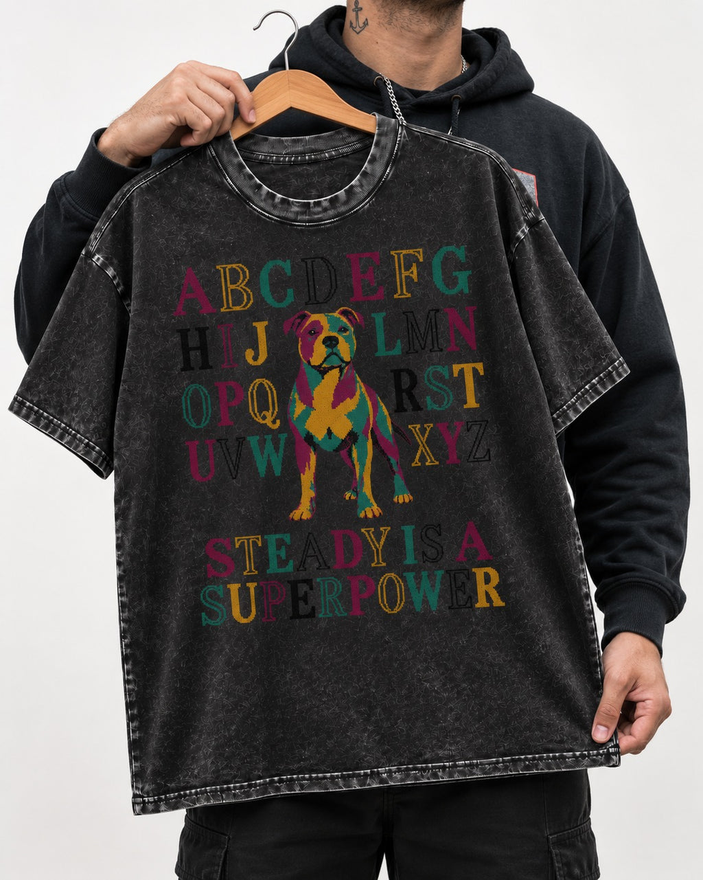 Pitbull Steady Is a Superpower Alphabet Graphic Washed Tee in Black, held up on a hanger