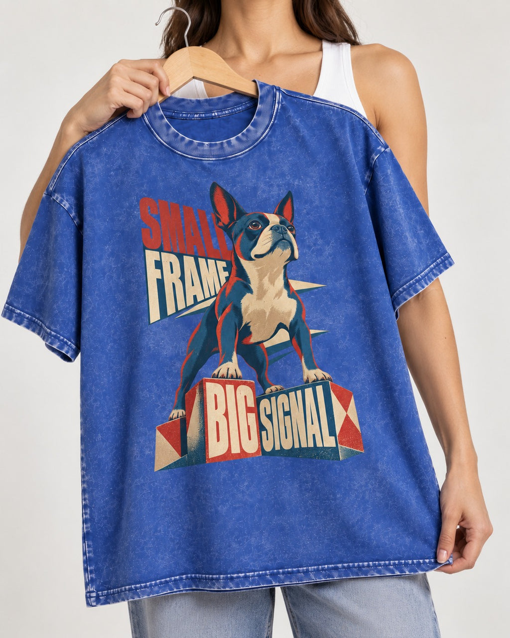 Small Frame Big Signal Boston Terrier Washed Tee in Royal Blue, held up on a hanger