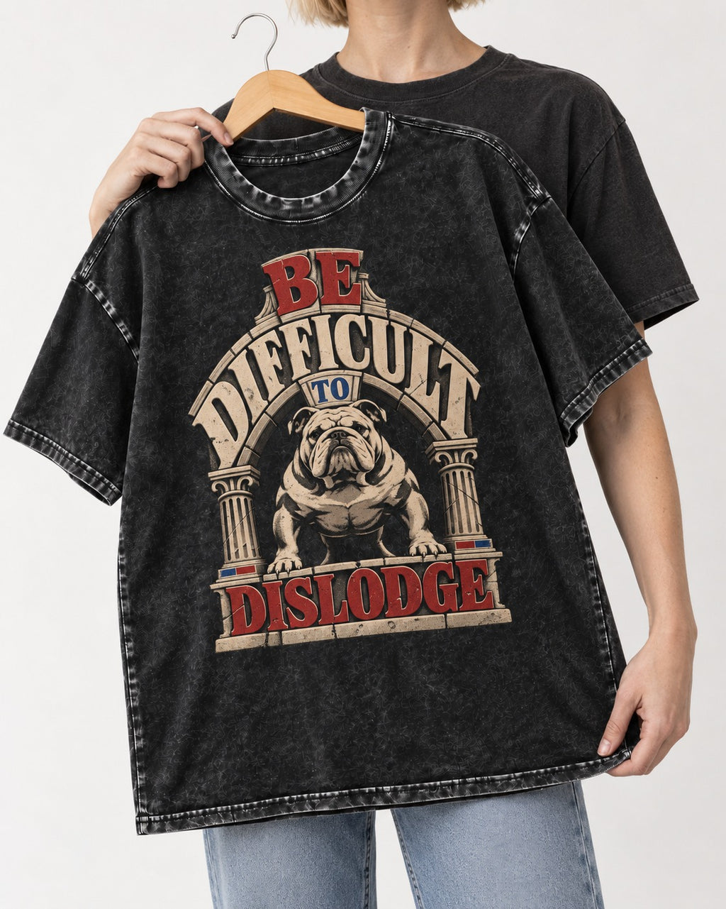 English Bulldog Be Difficult to Dislodge Stone Arch Graphic Washed Tee in Black, held up on a hanger