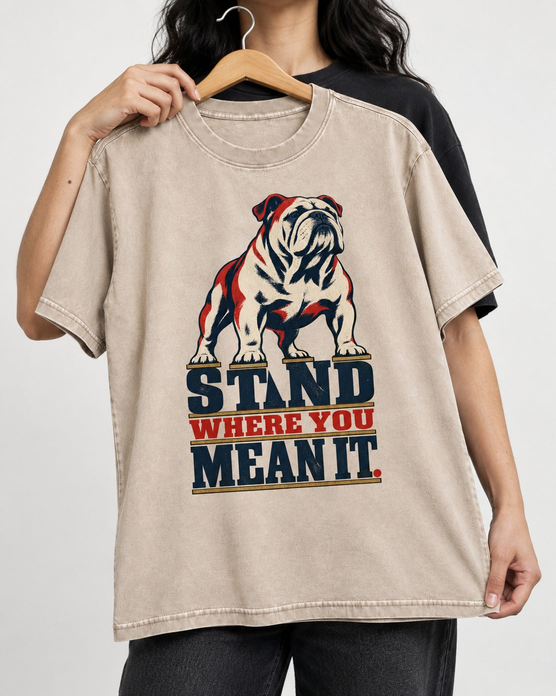 English Bulldog Stand Washed Tee in Apricot, held up on a hanger