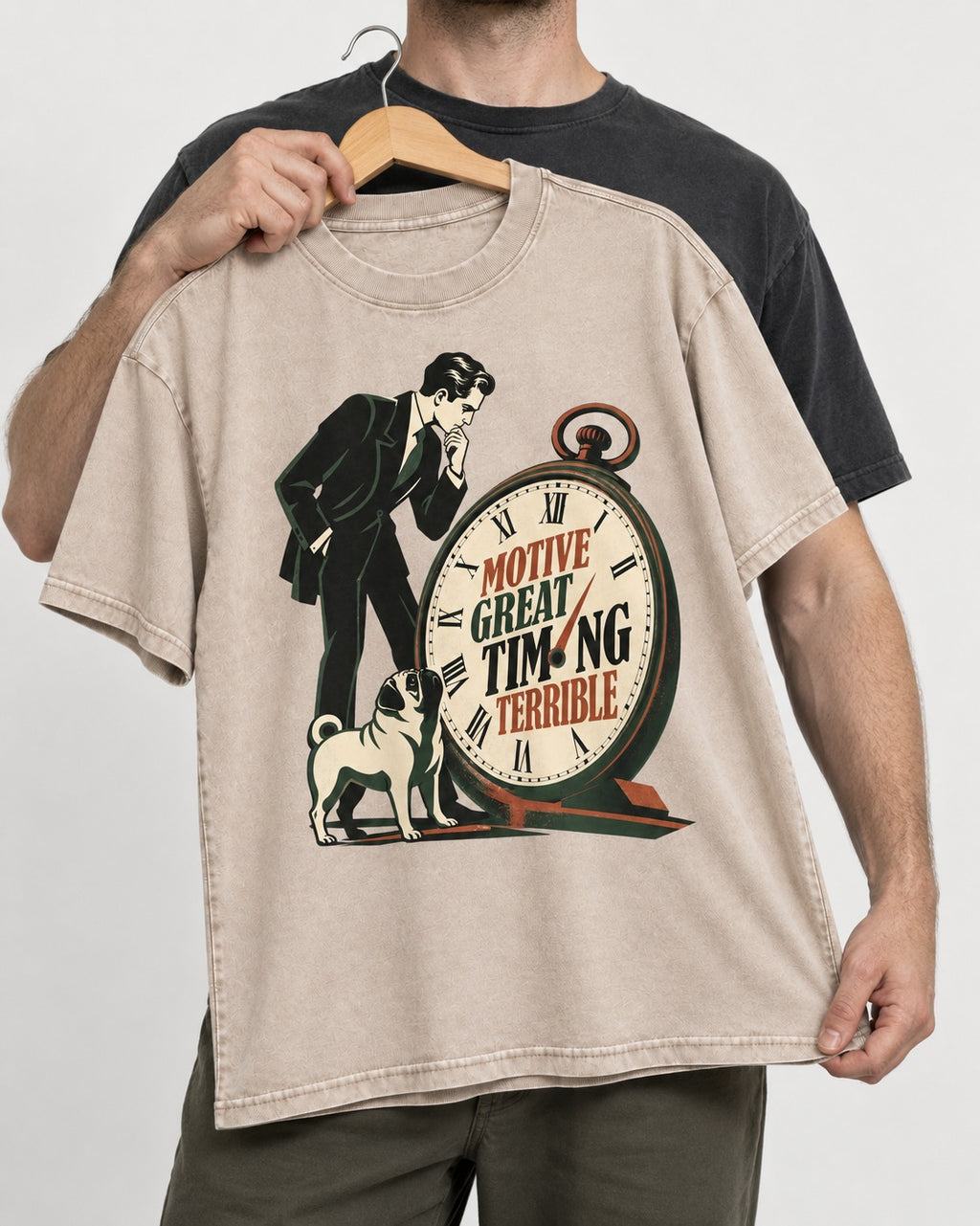 Pug Great Motive Terrible Timing Washed Tee in Apricot, held up on a hanger