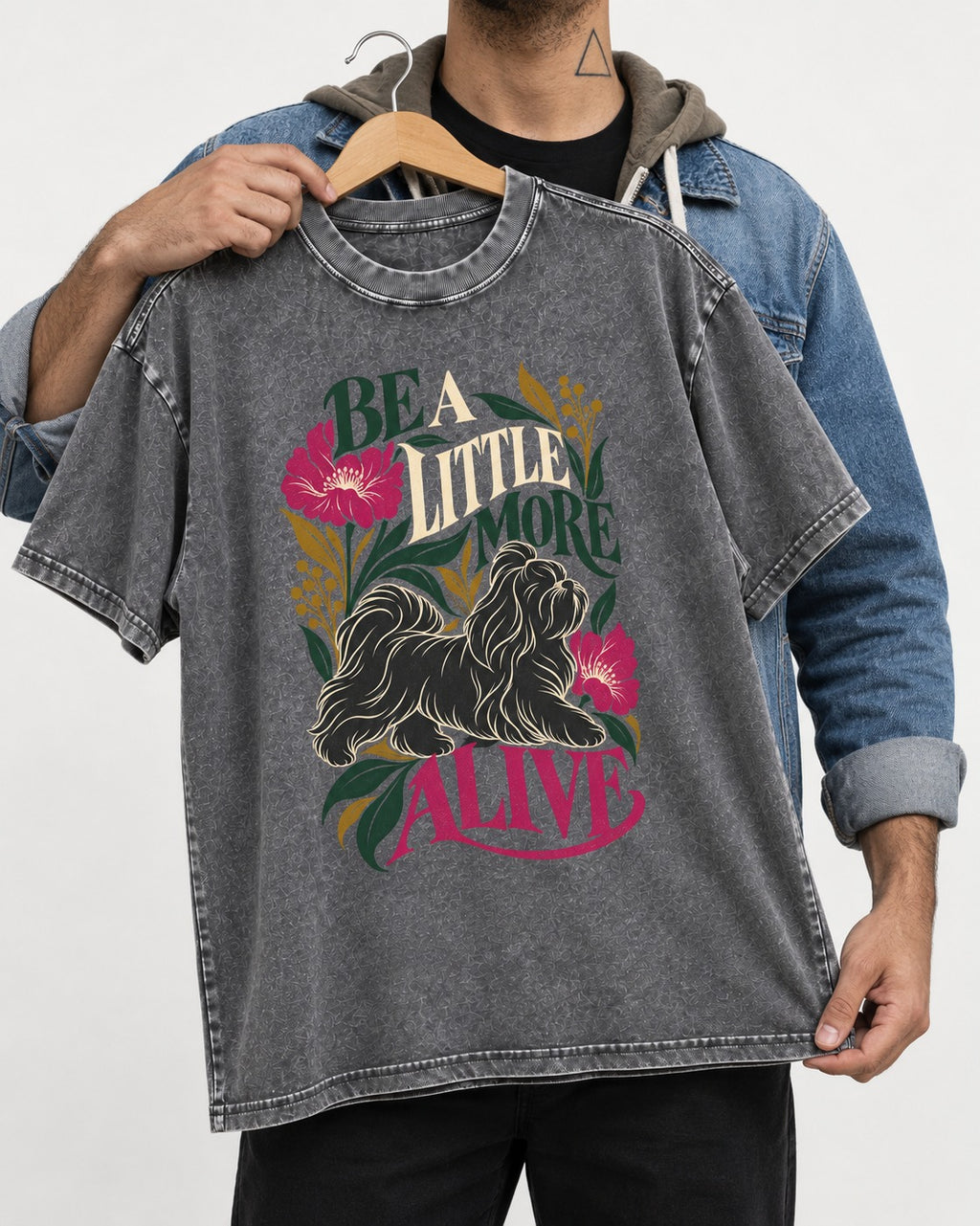 Shih Tzu Be a Little More Alive Botanical Graphic Washed Tee in Gray, held up on a hanger