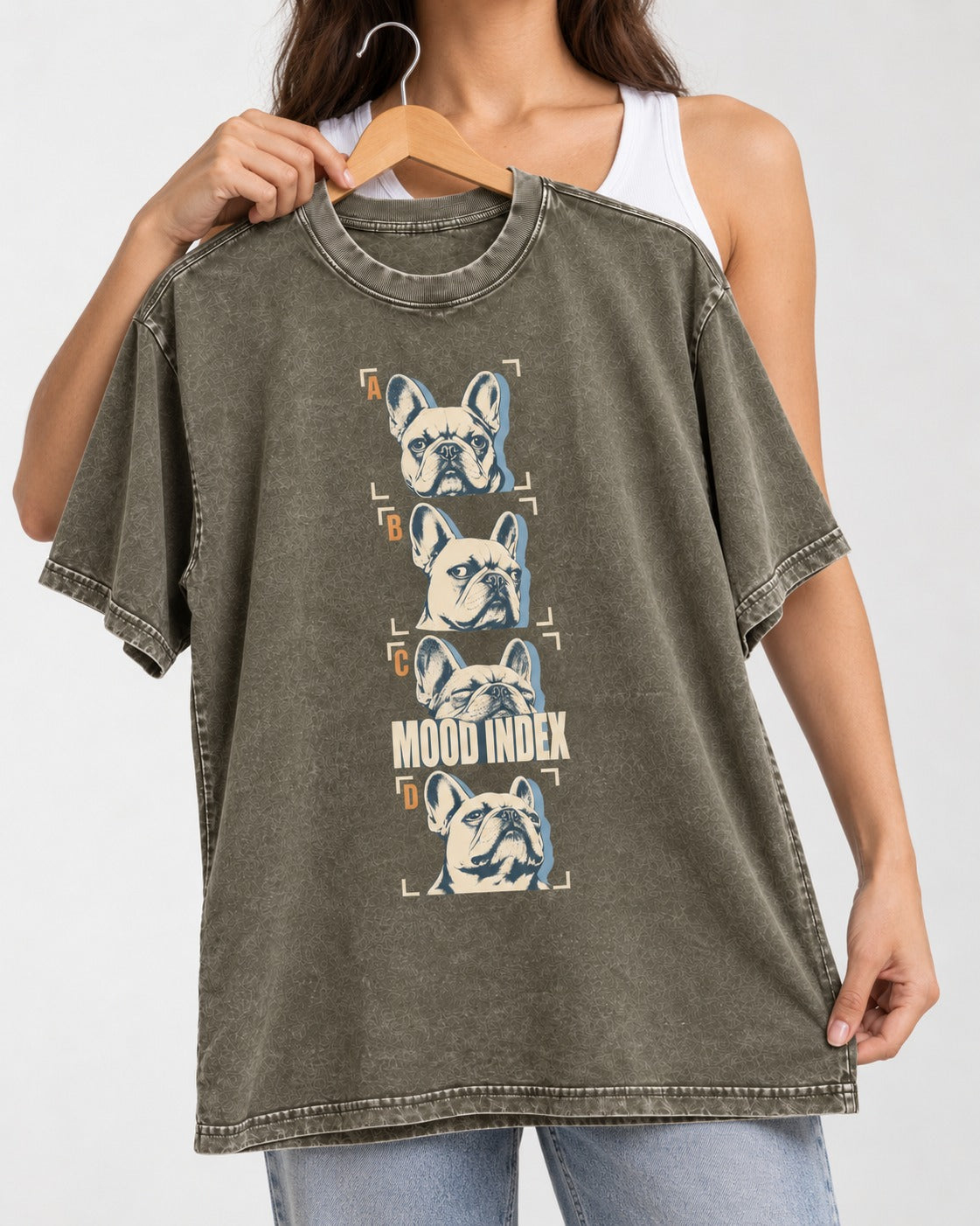Frenchie Mood Index Four-Panel Strip Graphic Washed Tee in Army Green, held up on a hanger