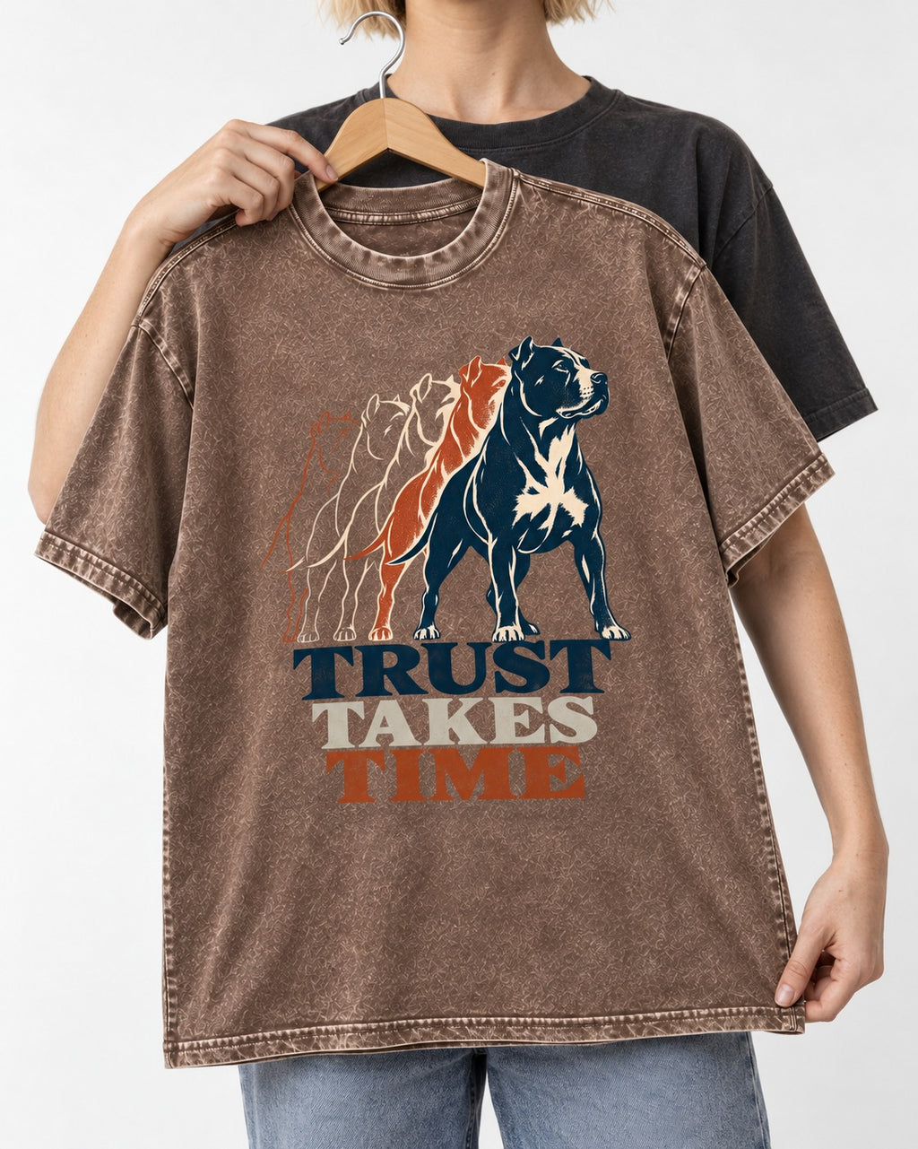 Pitbull Trust Takes Time Progression Graphic Washed Tee in Coffee, held up on a hanger