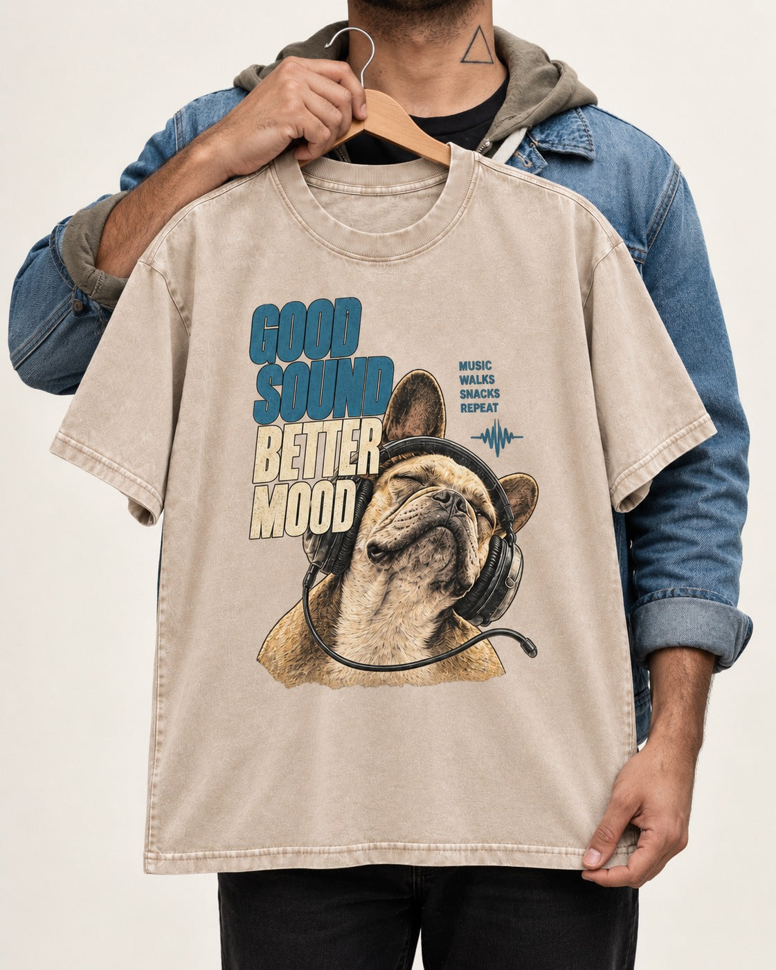 Frenchie Keep Your Angle Geometric Graphic Washed Tee in Army Green, held up on a hanger