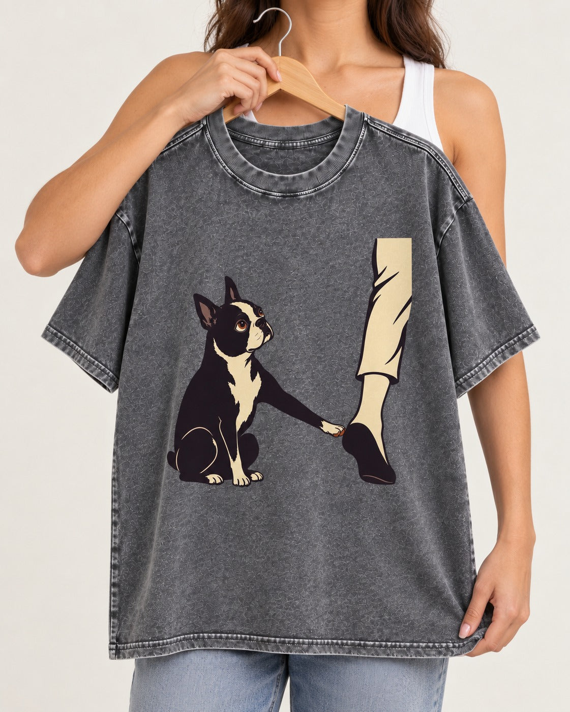 Boston Terrier Stay with Me Washed Tee in Gray, held up on a hanger