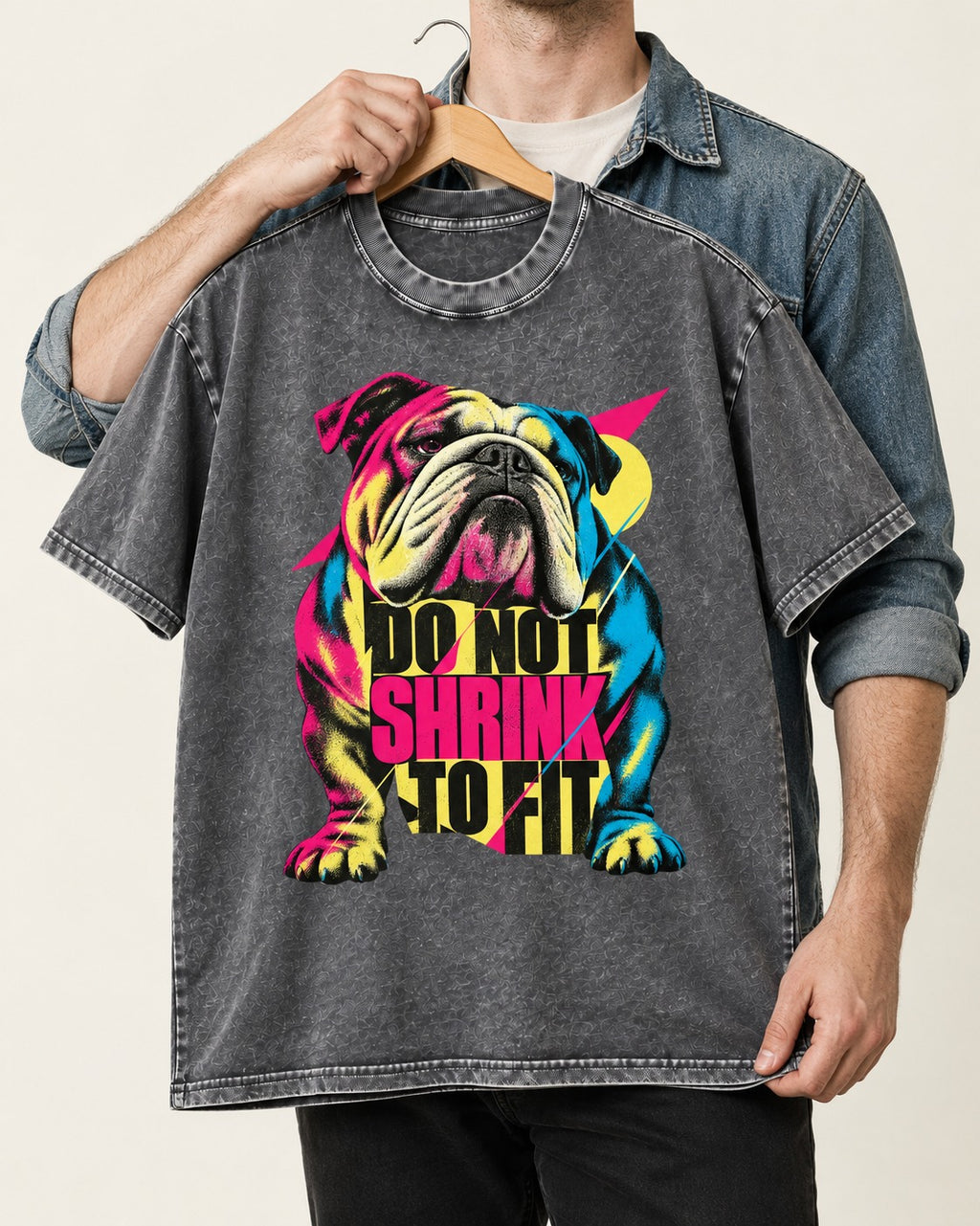 English Bulldog Don't Shrink to Fit Washed Tee in Gray, held up on a hanger