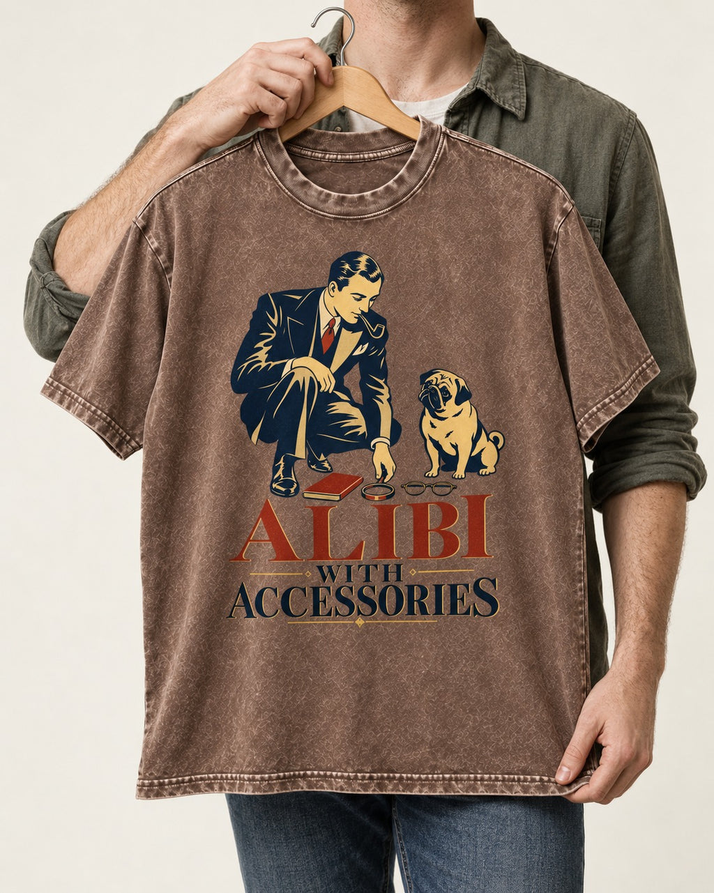 Pug Alibi with Accessories Washed Tee in Coffee, held up on a hanger