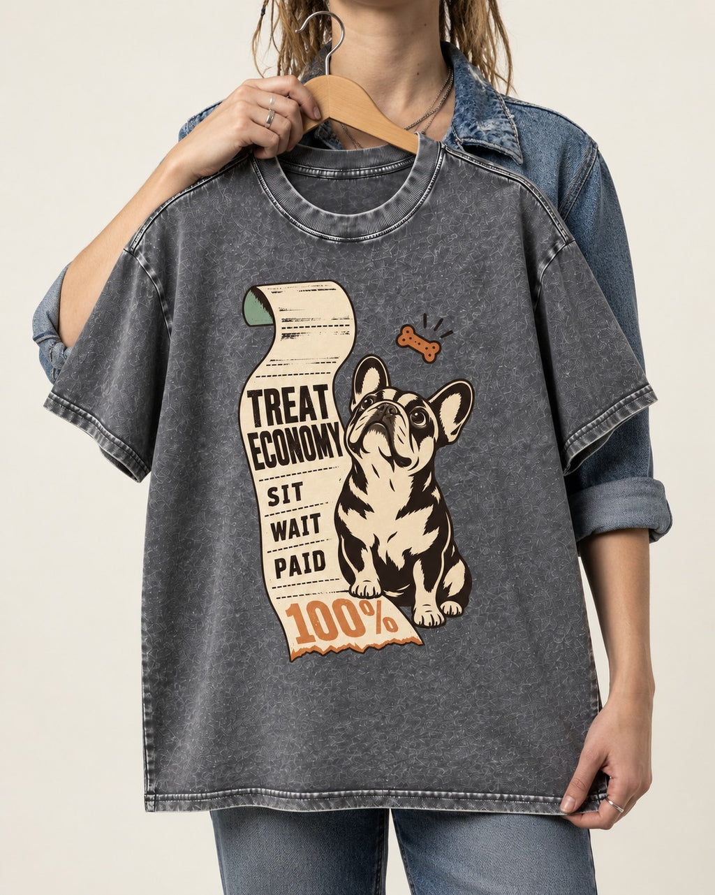 Sit Wait Paid Frenchie Washed Tee in Gray, held up on a hanger