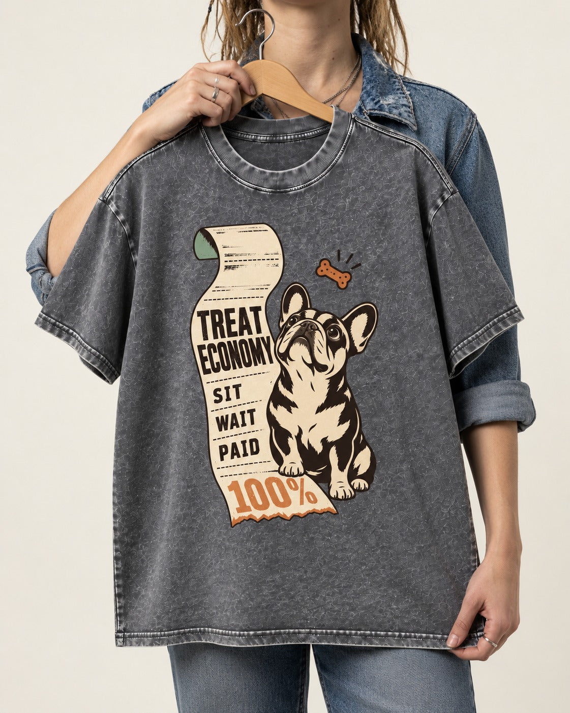 Sit Wait Paid Frenchie Washed Tee in Gray, held up on a hanger