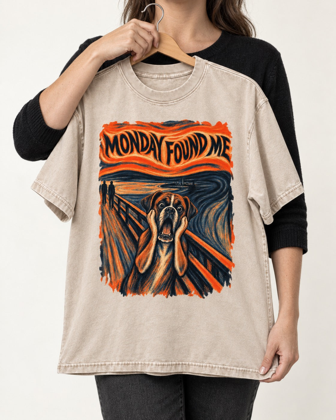 Monday Found Me Scream Boxer Washed Tee in Apricot, held up on a hanger