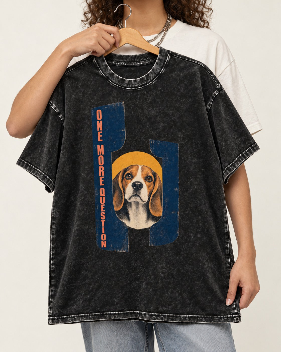 One More Question Beagle Modernist Washed Tee in Black, held up on a hanger