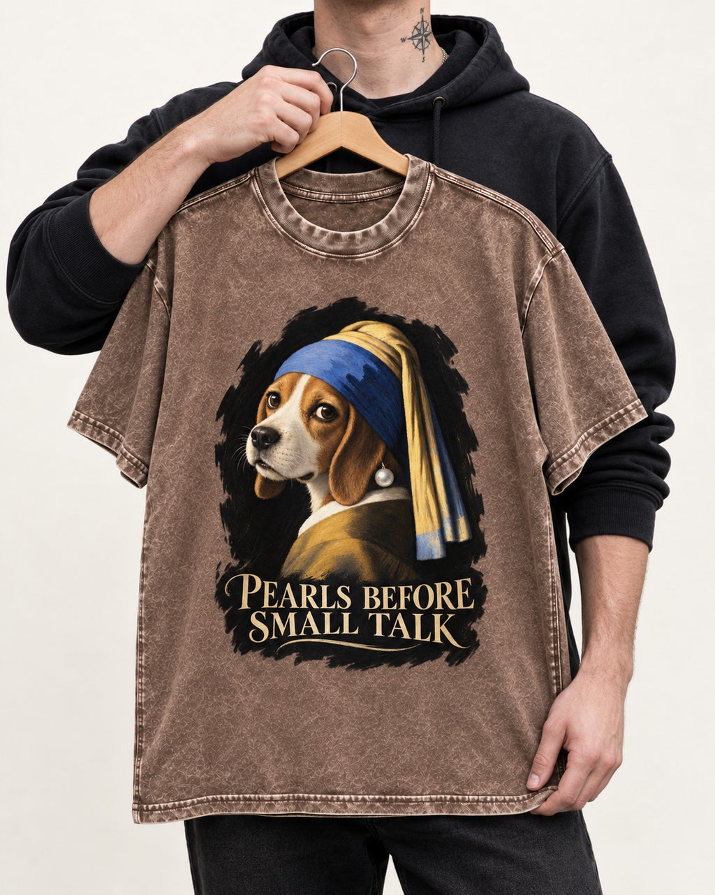 Beagle Paris Before Small Talk Washed Tee in Coffee, held up on a hanger