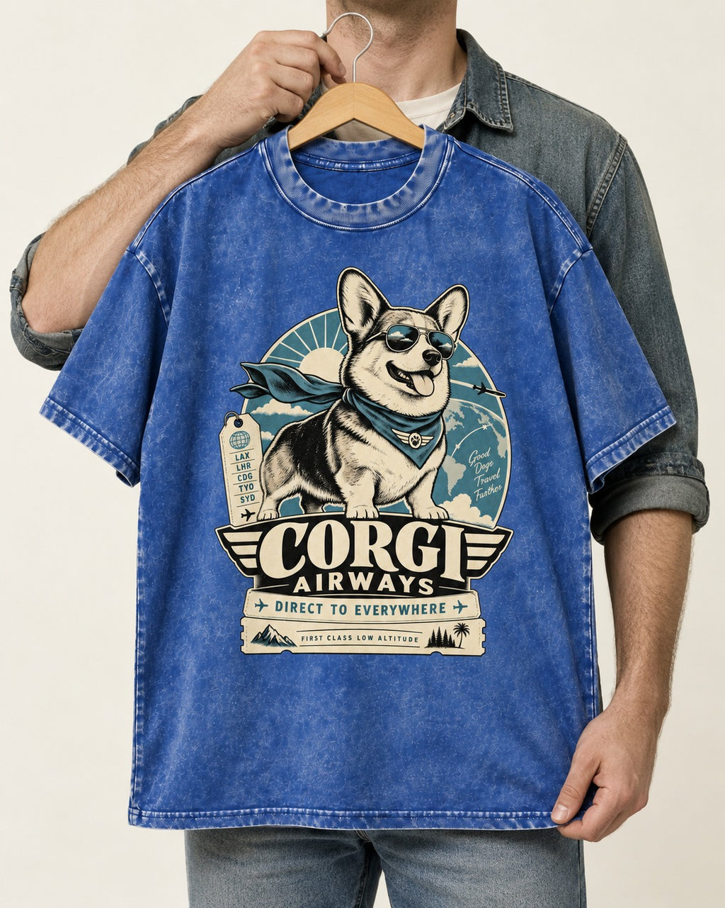 Corgi Airways Direct to Everywhere Badge Washed Tee in Royal Blue, held up on a hanger