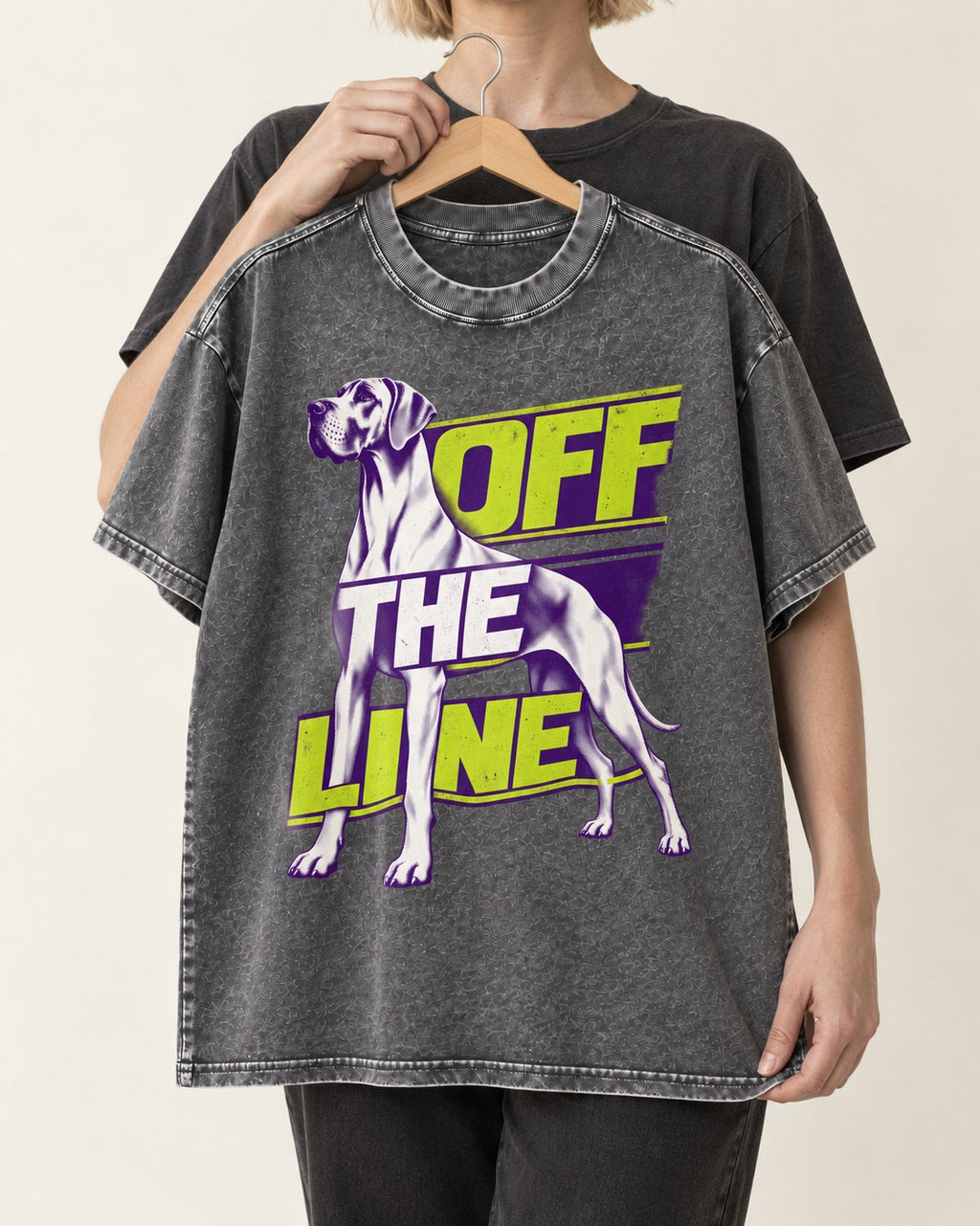 Great Dane Off the Line Washed Tee in Gray, held up on a hanger