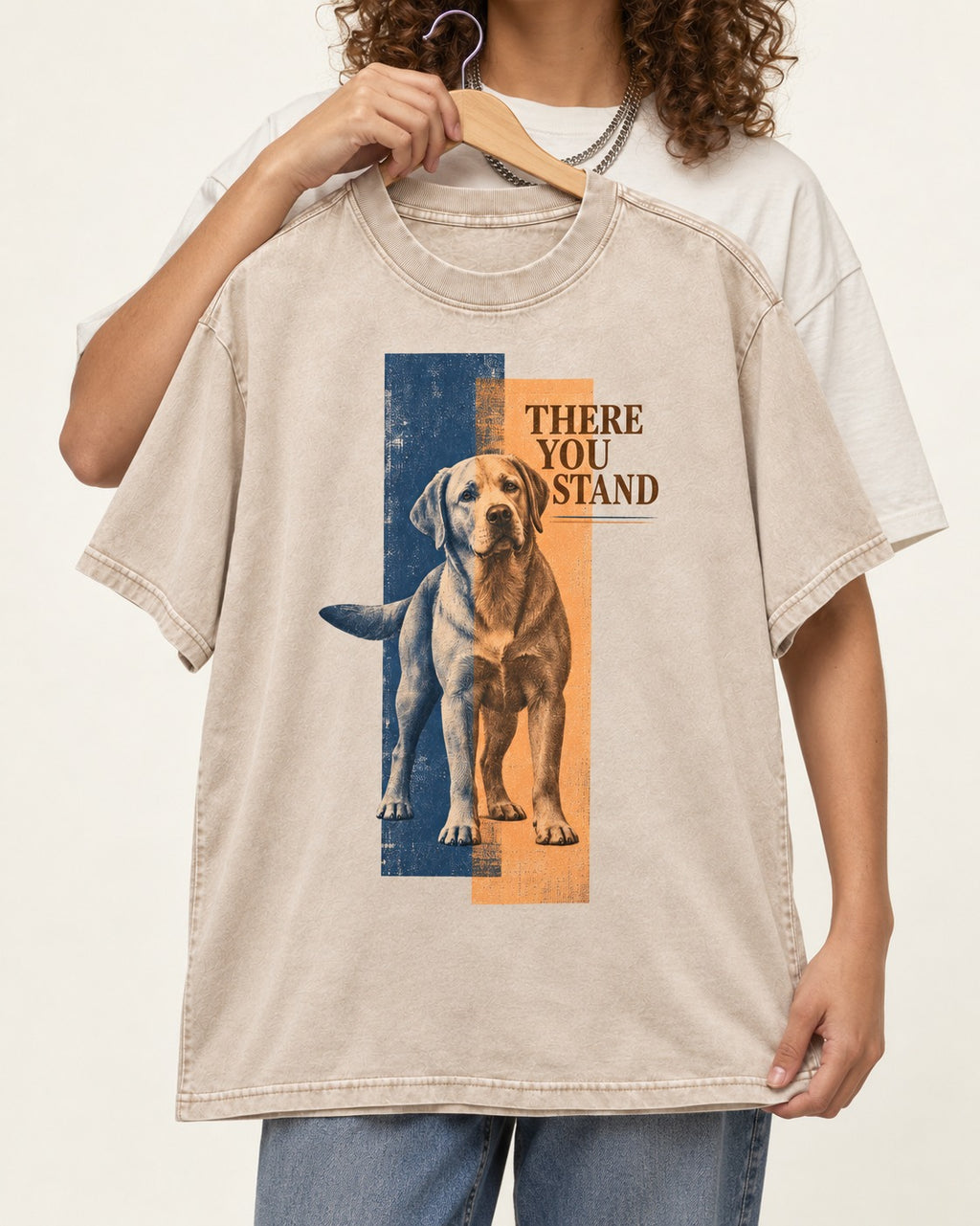 There You Stand Labrador Retriever Washed Tee in Apricot, held up on a hanger