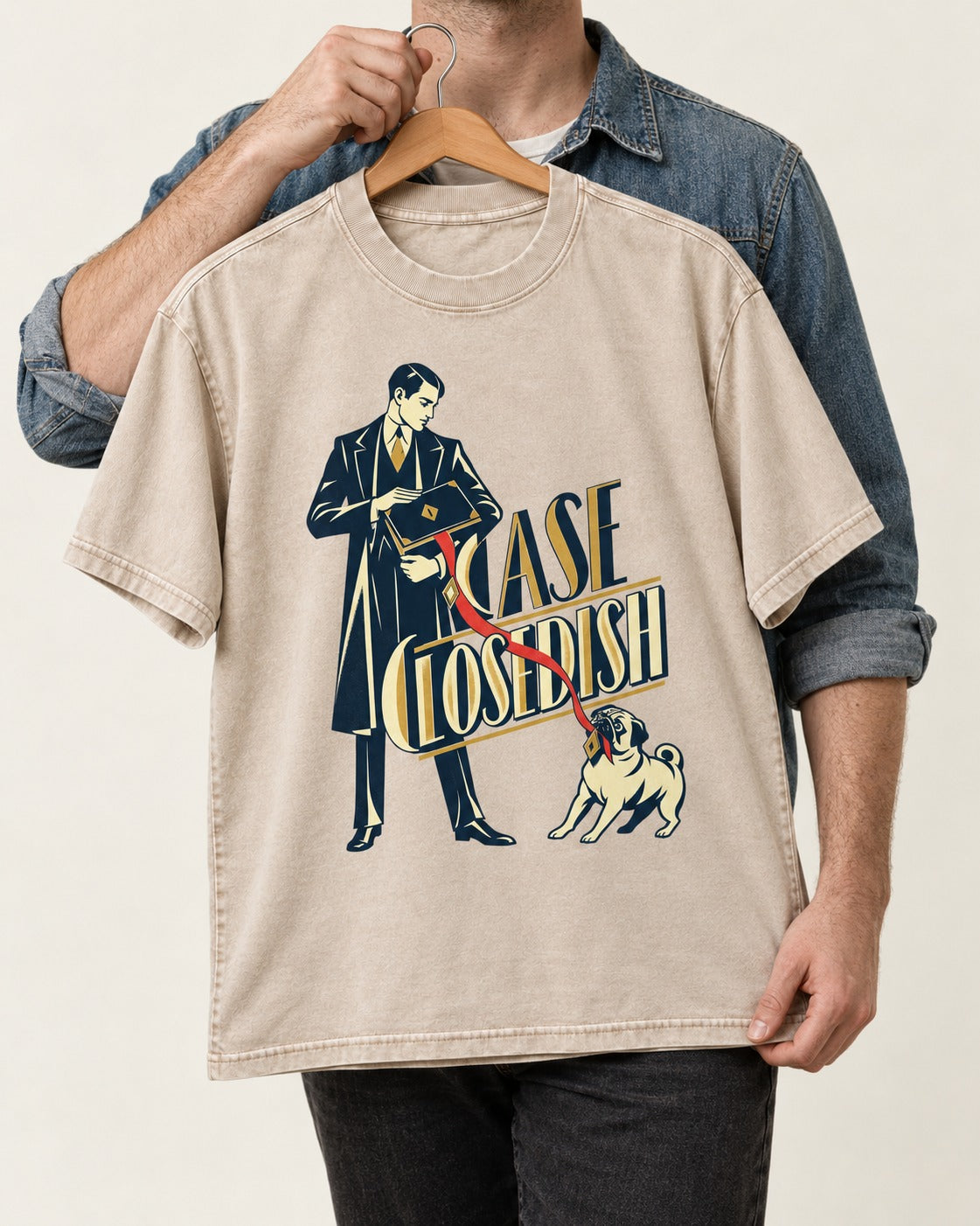 Case Closedish Pug Washed Tee in Apricot, held up on a hanger