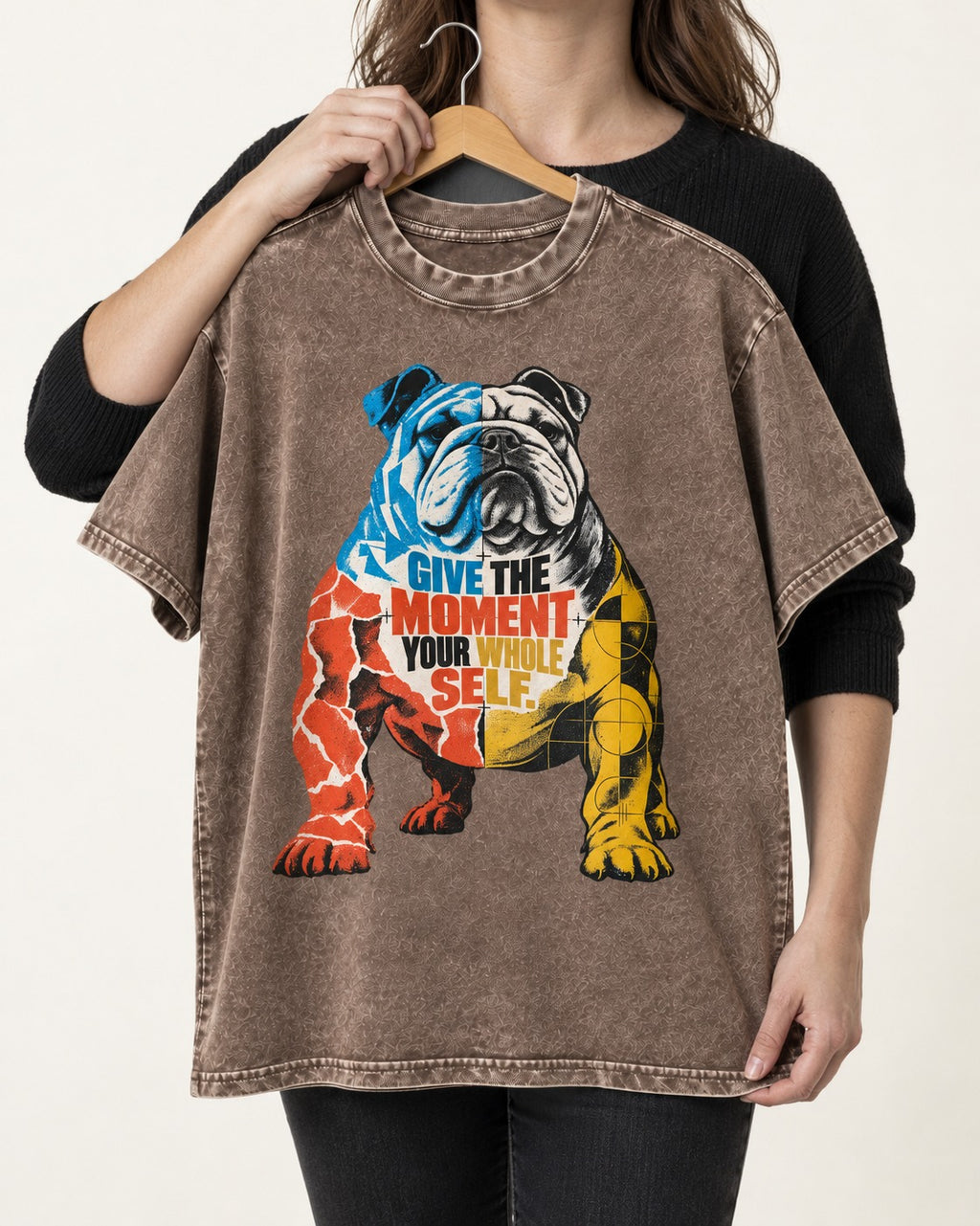 English Bulldog Give Your Whole Self Washed Tee in Coffee, held up on a hanger