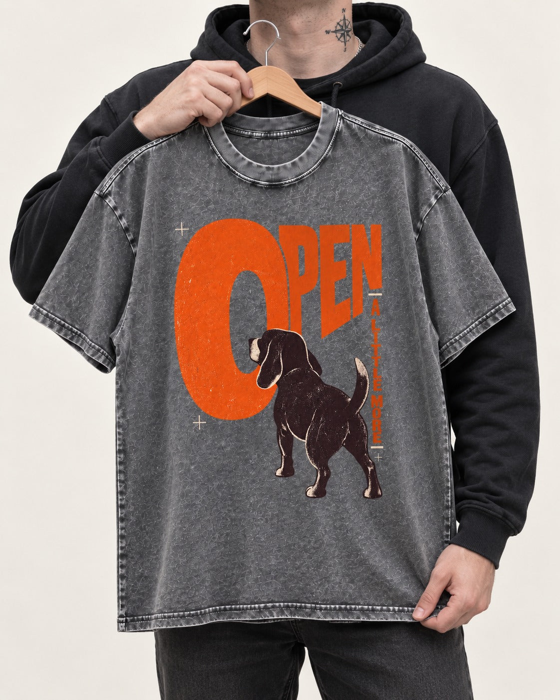 Open a Little More Beagle Washed Tee in Gray, held up on a hanger