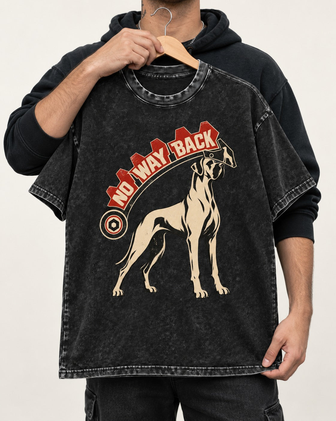 Great Dane No Way Back Arrow Graphic Washed Tee in Black, held up on a hanger