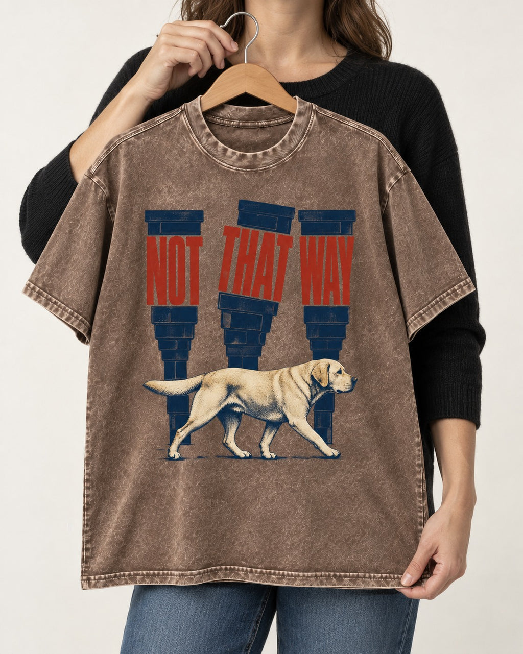 Not That Way Labrador Retriever Washed Tee in Coffee, held up on a hanger