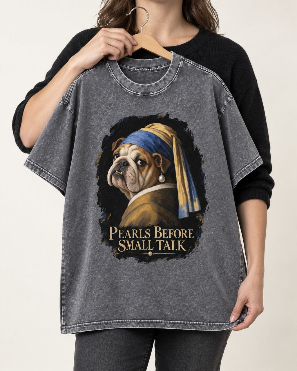 English Bulldog Pearls Before Small Talk Portrait Washed Tee in Gray, held up on a hanger