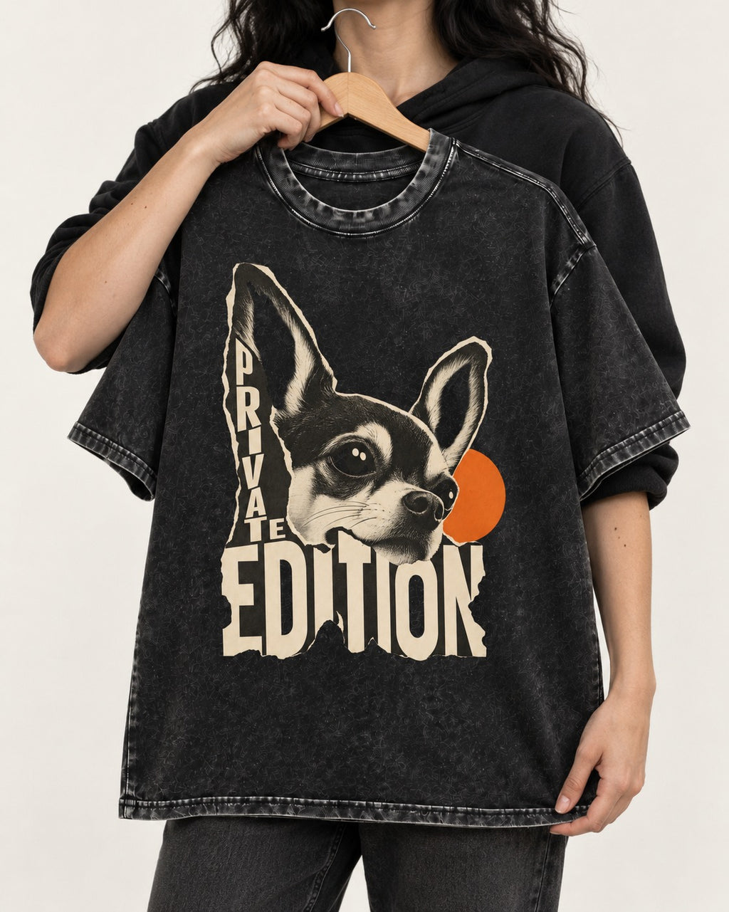 Chihuahua Private Edition Cut-Paper Portrait Washed Tee in Black, held up on a hanger