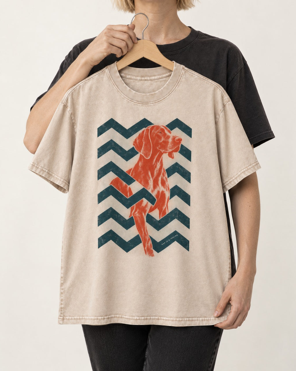 German Shorthaired Pointer Far Is a Feeling Chevron Graphic Washed Tee in Apricot, held up on a hanger