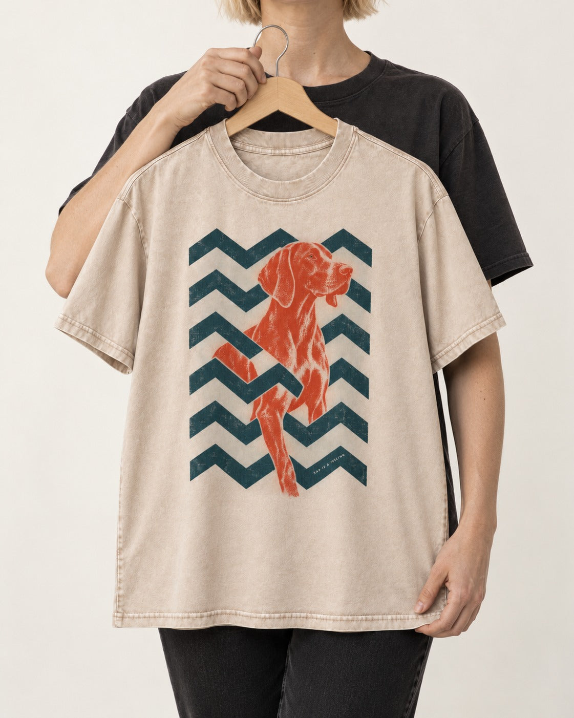 German Shorthaired Pointer Far Is a Feeling Chevron Graphic Washed Tee in Apricot, held up on a hanger