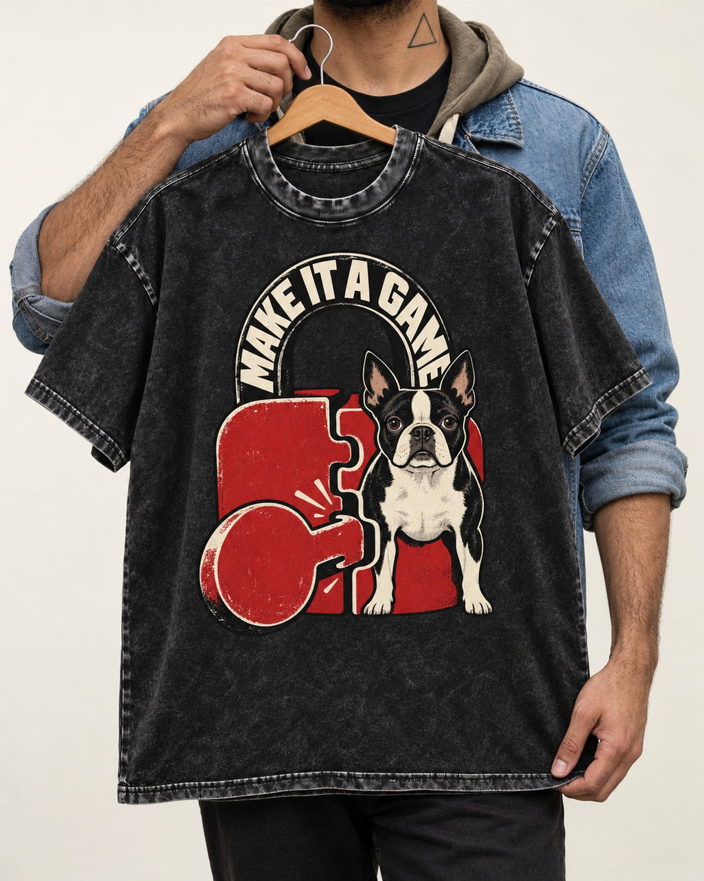 Boston Terrier Make It a Game Washed Tee in Black, held up on a hanger