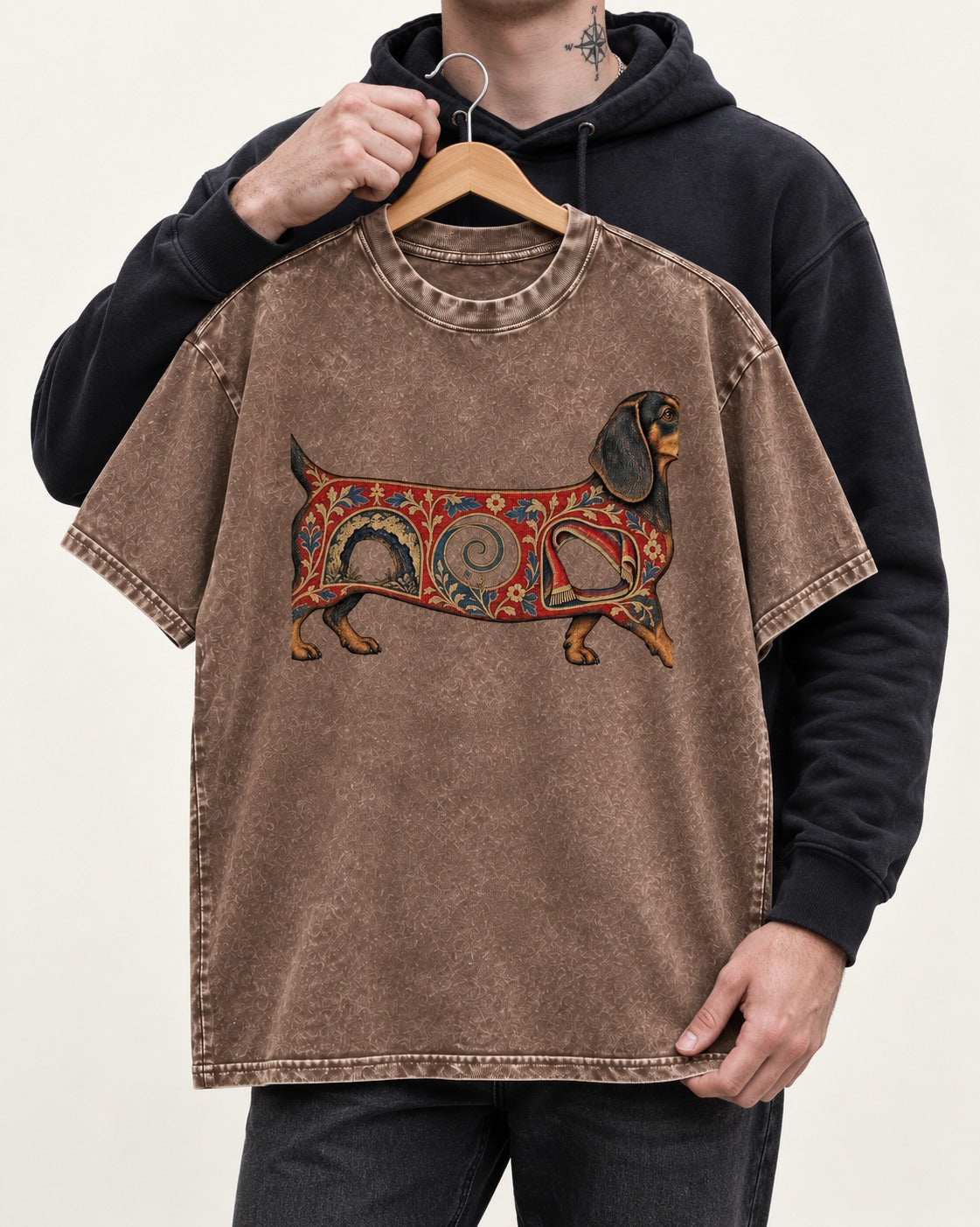 Dachshund Ever After Washed Tee in Coffee, held up on a hanger