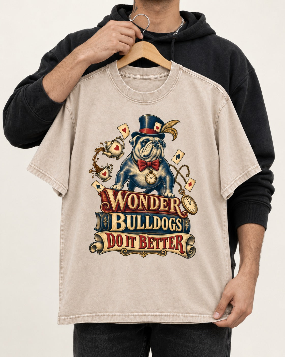 Wonder English Bulldog Washed Tee in Apricot, held up on a hanger