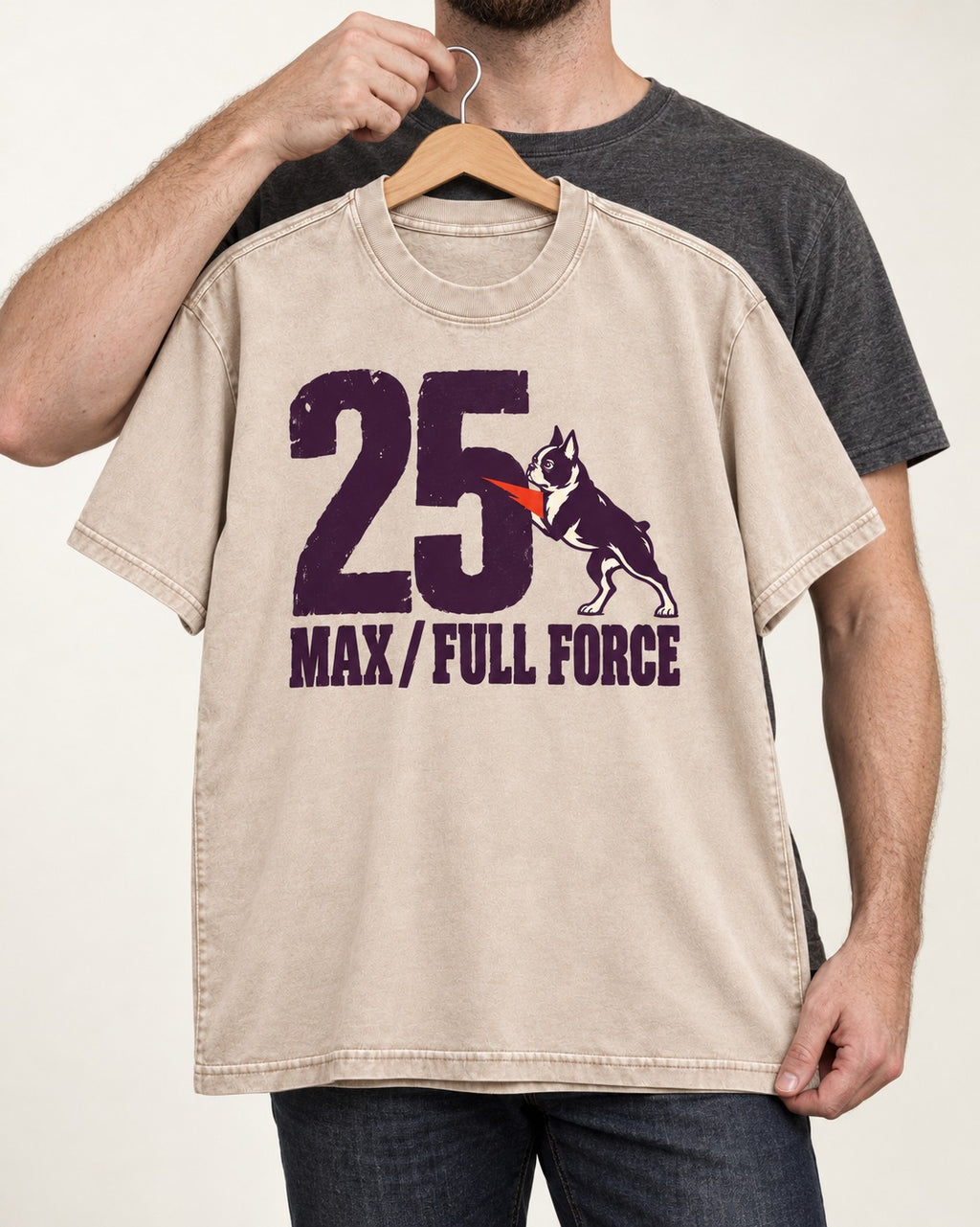 Boston Terrier Full Force Washed Tee in Apricot, held up on a hanger
